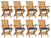 vidaXL Καρέκλες Κήπου 8 τεμ από Μασίφ Ξύλο Teak με Μπλε Ρουά Μαξιλάρια