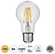 GloboStar® 99006 Λάμπα LED Long Filament E27 A60 Γλόμπος 6W 600lm 360° AC 220-240V IP20 Φ6 x Υ10.5cm Θερμό Λευκό 2700K με Διάφανο Γυαλί - Dimmable - 3 Χρόνια Εγγύηση