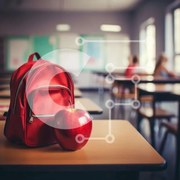 Intra Συλλεκτικό Ξύλινο Παζλ Plywood  4mm - Κόκκινο σακίδιο πλάτης και μήλο σε μια άδεια τάξη Σε Ξύλινο Κουτί - Διαστάσεις Puzzle: 10x10 cm – 25 κομμάτια