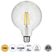 GloboStar® 99013 Λάμπα LED Long Filament E27 G125 Γλόμπος 8W 800lm 360° AC 220-240V IP20 Φ12.5 x Υ18cm Θερμό Λευκό 2700K με Διάφανο Γυαλί - Dimmable - 3 Years Warranty