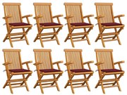 vidaXL Καρέκλες Κήπου 8 τεμ. από Μασίφ Ξύλο Teak με Μπορντό Μαξιλάρια