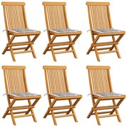 vidaXL Καρέκλες Κήπου 6 τεμ. Μασίφ Ξύλο Teak με Γκρι Καρό Μαξιλάρια