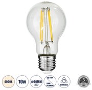 GloboStar® 99053 Λάμπα LED Long Filament E27 A60 Γλόμπος 10W 1100lm 360° AC 220-240V IP20 Φ6 x Υ10.5cm Φυσικό Λευκό 4000K με Διάφανο Γυαλί - Dimmable - 3 Χρόνια Εγγύηση