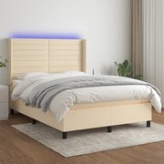 Κρεβάτι Boxspring με Στρώμα &amp; LED Κρεμ 140x190 εκ. Υφασμάτινο