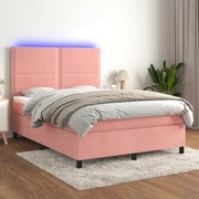 Κρεβάτι Boxspring με Στρώμα &amp; LED Ροζ 140x190 εκ. Βελούδινο - Ροζ