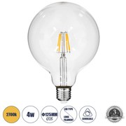 GloboStar 99012 Λάμπα LED Long Filament E27 G125 Γλόμπος 4W 400lm 360° AC 220-240V IP20 Φ12.5 x Υ18cm Θερμό Λευκό 2700K με Διάφανο Γυαλί - Dimmable - 3 Years Warranty - 99012