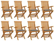 vidaXL Καρέκλες Κήπου 8 τεμ. Μασίφ Ξύλο Teak με Γκρι Μαξιλάρια