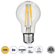 GloboStar 99007 Λάμπα LED Long Filament E27 A60 Γλόμπος 8W 800lm 360° AC 220-240V IP20 Φ6 x Υ10.5cm Θερμό Λευκό 2700K με Διάφανο Γυαλί - Dimmable - 3 Χρόνια Εγγύηση