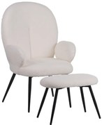 Πολυθρόνα με υποπόδιο Qarar pakoworld μπουκλέ ύφασμα σε λευκή απόχρωση με μαύρα μεταλλικά πόδια 67.5x67.5x106εκ