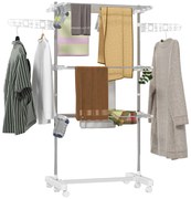 HOMCOM Κινητό Στεγνωτήριο Ρούχων, Στεγνωτήριο Ρούχων, 3 Επίπεδα, Πτυσσόμενο, Ασημί + Λευκό