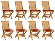 vidaXL Καρέκλες Κήπου 8 τεμ. από Μασίφ Ξύλο Teak με Κόκκινα Μαξιλάρια