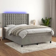 Κρεβάτι Boxspring με Στρώμα&amp;LED Αν. Γκρι 140x190 εκ. Βελούδινο - Γκρι