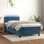 Κρεβάτι Boxspring με Στρώμα &amp; LED Σκ. Μπλε 90x200 εκ. Βελούδινο - Μπλε