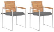 vidaXL Καρέκλες Κήπου 2 τεμ. από Μασίφ Ξύλο Teak/Ατσάλι με Μαξιλάρια