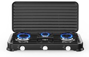 Τριπλή εστία αερίου με καπάκι Rosberg R51454D3, 2x2.2kWh 1x1kWh, 30 mbar, Ανθρακούχος χάλυβας, Μαύρο