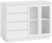Μπουφές, έπιπλο μπουφέ με 4 συρτάρια, 2 γυάλινες πόρτες, μοντέρνος σχεδιασμός, MDF, λευκό