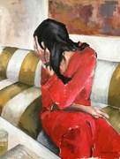 Εικονογράφηση Woman In A Red Dress Sits On A Sofa, Borgenhag Holmqvist