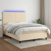 Κρεβάτι Boxspring με Στρώμα &amp; LED Κρεμ 140x190 εκ. Υφασμάτινο