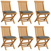 vidaXL Καρέκλες Κήπου 6 Τεμαχίων από Μασίφ Ξύλο Teak με Γκρι Μαξιλάρια