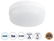 GloboStar® REVANO 61014 LED Πλαφονιέρα Οροφής Στρόγγυλη Φ17 15W 1500lm 180° AC 220-240V Αδιάβροχη IP54 Φ17 x Υ5cm Ψυχρό Λευκό 6000K - 2 Χρόνια Εγγύηση