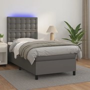 Κρεβάτι Boxspring με Στρώμα &amp; LED Γκρι 100x200 εκ. Συνθ. Δέρμα