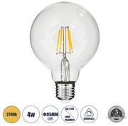 GloboStar® 99009 Λάμπα LED Long Filament E27 G95 Γλόμπος 4W 400lm 360° AC 220-240V IP20 Φ9.5 x Υ13.5cm Θερμό Λευκό 2700K με Διάφανο Γυαλί - Dimmable - 3 Years Warranty