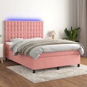 vidaXL Κρεβάτι Boxspring με Στρώμα & LED Ροζ 140x190 εκ. Βελούδινο