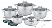 Σετ κατσαρόλες και τηγάνια Rosberg R51210L12BM, 12 τεμάχια, Πολυστρωματικός πυθμένας, Ανοξείδωτο, Ασημί
