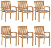 vidaXL Καρέκλες Κήπου Στοιβαζόμενες 6 τεμ. Μασίφ Ξύλο Teak & Μαξιλάρια