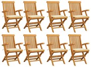 vidaXL Καρέκλες Κήπου 8 τεμ. από Μασίφ Ξύλο Teak με Κρεμ Μαξιλάρια