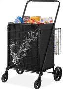 VEVOR Folding Shopping Cart with Removable Waterproof Liner, 330LBS Large Capacity Jumbo Grocery Cart with Dual Basket, 360° Swivel Wheels, Dense Metal Mesh Base, Heavy Duty Utility Cart for Shopping