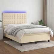 Κρεβάτι Boxspring με Στρώμα &amp; LED Κρεμ 140x200 εκ. Υφασμάτινο