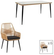 Τραπεζαρία Naoki-Tanish σετ 7 τμχ rattan φυσικό-μαύρο μέταλλο-γυαλί 160x90x78εκ 160x90x78 εκ.