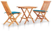 vidaXL Σετ Επίπλων Mπιστρό 3 τεμ. Μασίφ Ξύλο Teak με Μπλε Μαξιλάρια