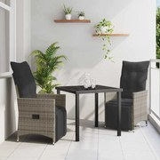 vidaXL Σέτ φαγητού για κήπο με μαξιλάρι 3 pcs Γκρι Πολυ ράταν