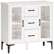 Μοντέρνο Sideboard με Soft-Close πόρτες, μπουφές με 3 συρτάρια, 2 γυάλινες πόρτες, ρυθμιζόμενα ράφια, MDF, λευκό