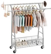 VEVOR Clothes Rack, Rolling Clothing Garment Rack with 2 Hanging Rods and Storage Basket, 150 kg Load Capacity, Extendable Carbon Steel Clothing Racks with Wheels for Bedroom, Laundry, Living Room