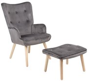 Πολυθρόνα με υποπόδιο Melisia pakoworld γκρι βελούδο και ξύλινο πόδι σε φυσική απόχρωση 59x67x94εκ