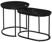 HOMCOM Σετ 2 τραπεζιών σαλονιού, Οβάλ και στρογγυλό τραπέζι καφέ, στοιβαζόμενα, όψη μαρμάρου, MDF, μέταλλο, Ø50 x 50,5Υ cm, Μαύρο
