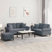 vidaXL Σετ Σαλονιού 3 Τεμαχίων Σκ. Γκρι Βελούδινο με Μαξιλάρια