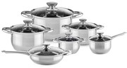 Σετ μαγειρικών σκευών Muhler MR-1242, 12 τεμάχια, Ανοξείδωτο ατσάλι, Πάτος τριών στρώσεων, Ψυχρές λαβές, Γυάλινα καπάκια, Επαγωγή, Ασημί