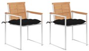 vidaXL Καρέκλες Κήπου 2 τεμ. από Μασίφ Ξύλο Teak/Ατσάλι με Μαξιλάρια