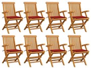 vidaXL Καρέκλες Κήπου 8 τεμ. από Μασίφ Ξύλο Teak με Κόκκινα Μαξιλάρια