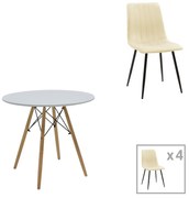 Τραπεζαρία Julita-Noor pakoworld σετ 5τεμ MDF λευκό-μπεζ ύφασμα Φ80x73εκ