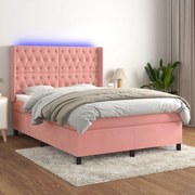 Κρεβάτι Boxspring με Στρώμα &amp; LED Ροζ 140x190 εκ. Βελούδινο - Ροζ