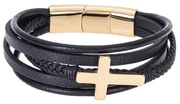 Βραχιόλι Senza Men&#039;s Steel Black Leather Strap with Gold Cross