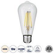 GloboStar® 99056 Λάμπα LED Long Filament E27 ST64 Αχλάδι 10W 1100lm 360° AC 220-240V IP20 Φ6.4 x Υ14cm Φυσικό Λευκό 4000K με Διάφανο Γυαλί - Dimmable - 3 Years Warranty