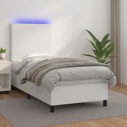 Κρεβάτι Boxspring με Στρώμα &amp; LED Λευκό 90x200 εκ. Συνθ. Δέρμα