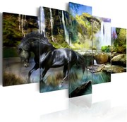 Πίνακας - Black horse on the background of paradise waterfall 100x50