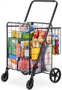 VEVOR Folding Shopping Cart, Jumbo Grocery Cart with Double Baskets, 360° Swivel Wheels, Heavy Duty Utility Cart, 110 LBS Large Capacity Utility Cart for Laundry, Shopping, Grocery, Luggage